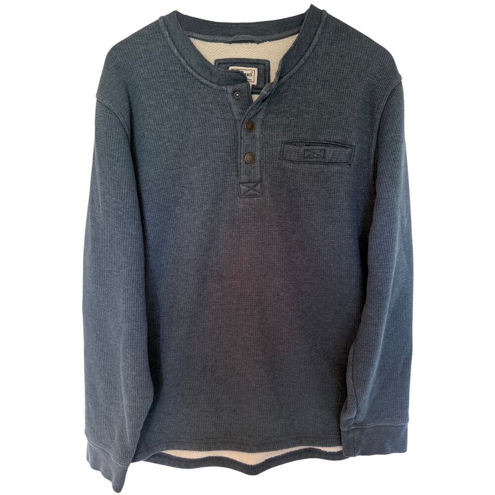 L.L. Bean Waffle Knit Henley Shirt Mens Large Blue Thermal Long Sleeve